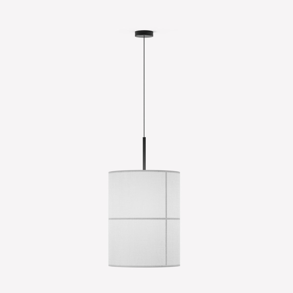 Rania cylinder fabric pendant light with white cream shade and fine seam grid, suspended from a matt black iron fitting on a textile cable, plain background.