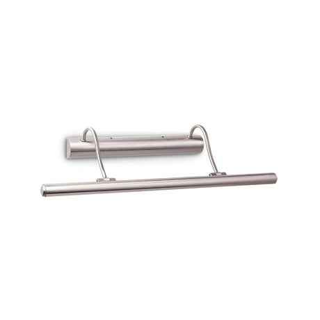 Introducing the Mirror 4 Light Picture Light - Nickel, a contemporary silver light crafted for art illumination. It boasts a satin nickel finish and a streamlined cylindrical design featuring a horizontal bar linked by two graceful arms to a rectangular wall-mounted base, making it an ideal choice for showcasing your prized artworks.