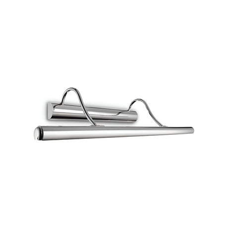 The Mirror 4 Light Picture Light - Chrome is designed as a sleek fixture with a shiny chrome finish, mounted horizontally on the wall. It includes a cylindrical body connected to an arching arm, offering an adjustable design ideal for lighting up artwork or photographs.