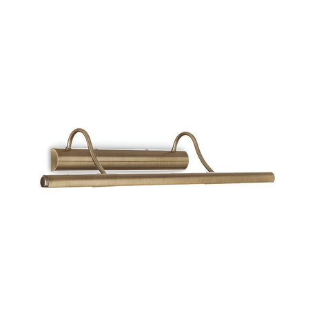 Mirror 4 Light Picture Light in brass, featuring a cylindrical shade and two curved arms, ideal for gallery lighting to illuminate artwork or photos.