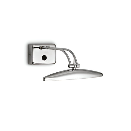 Introducing the Mirror 2 Light Picture Light in Chrome—a sleek and modern fixture featuring an angular arm and rectangular base with an elongated, translucent shade. Its minimalist design is perfect for illuminating contemporary artwork against a plain white background.