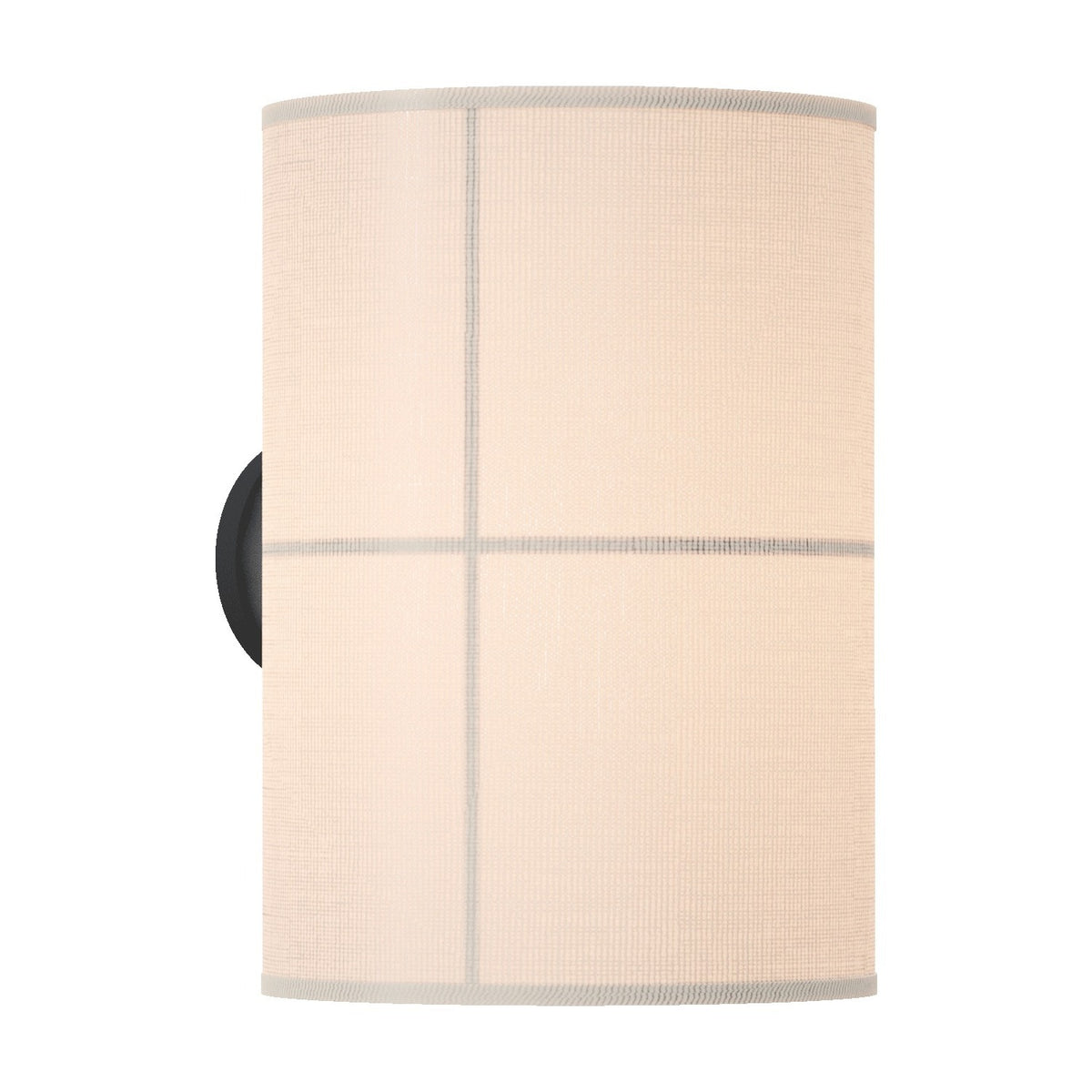 Rania cylinder fabric wall light with white cream shade divided into four panels by fine lines, mounted on a round black base, shown on a plain white background.