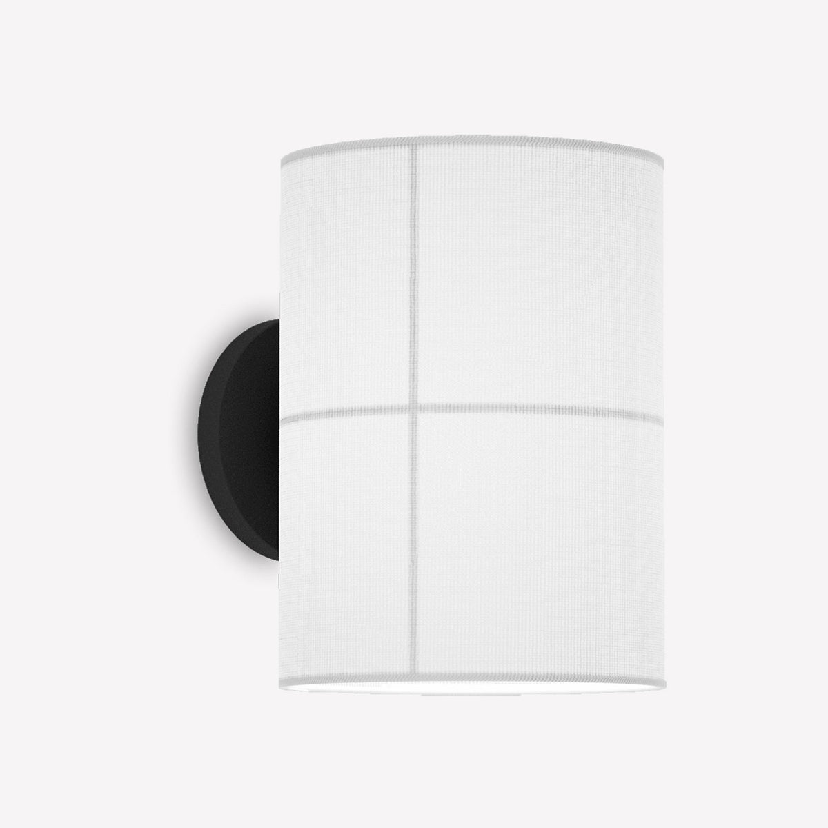 Rania cylinder wall light with a white cream fabric shade divided into four panels by fine cross lines, mounted on a round black base, shown on a plain white background.