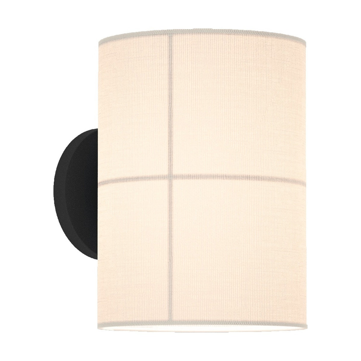 Rania Cylinder Fabric Wall Light in white cream with black round base, featuring a fabric shade divided into four panels by fine crossing lines, on a plain white background.