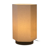 Roxi Fabric Floor Lamp with a hexagonal natural fibre shade and round dark brown base, glowing softly, shown on a plain white background.
