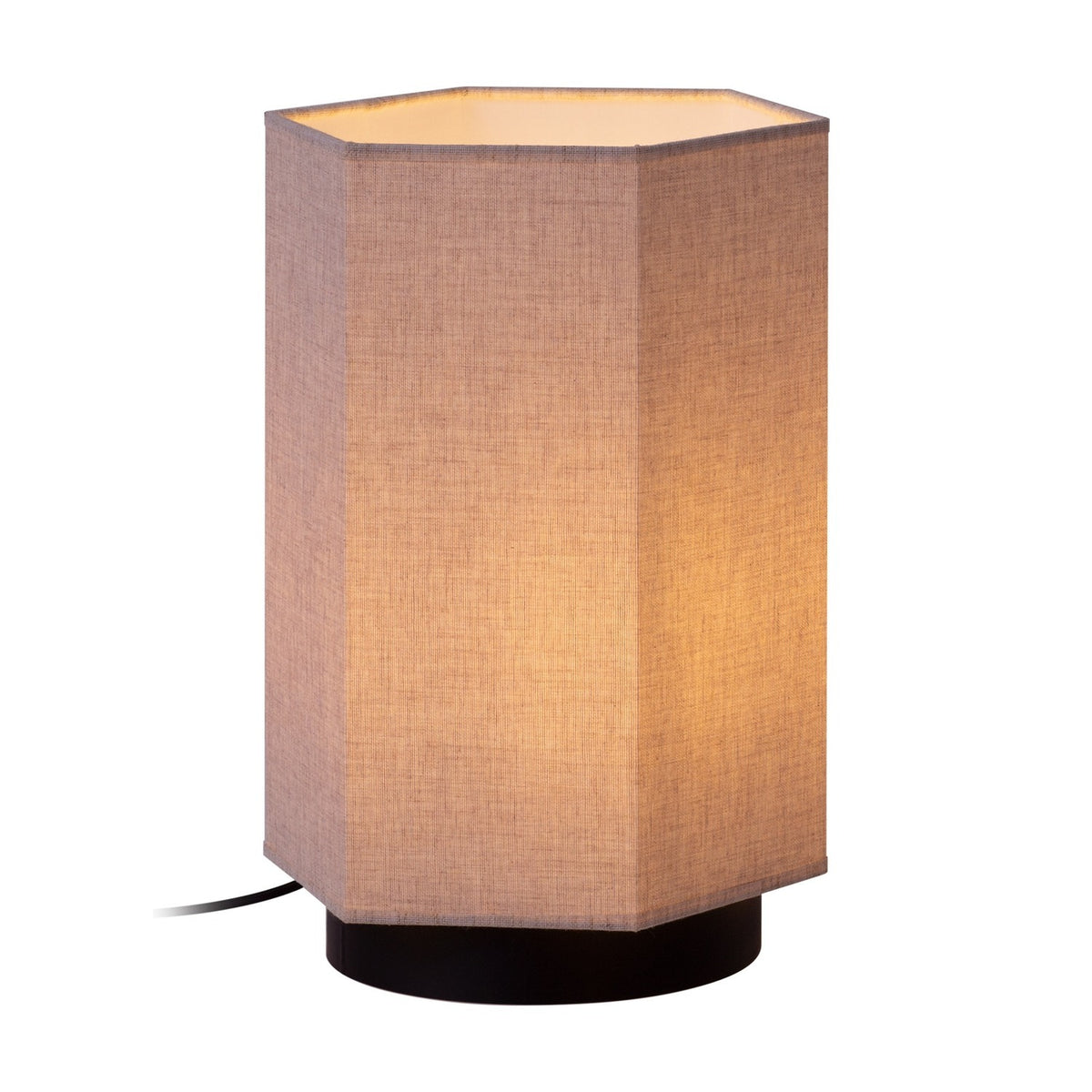 Roxi Fabric Table Lamp with a hexagonal natural fibre shade and round black base, switched on to show a soft glow, set against a plain white background.