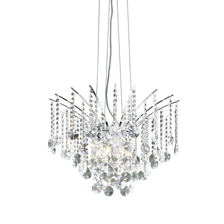 Introducing the Aurum Crystal 6 Light Chandelier in Chrome: a contemporary lighting fixture adorned with crystal-like elements elegantly hanging from its central structure. This chandelier showcases vertically arranged, clear sparkling crystals that exude a dramatic and sophisticated charm. Its dimmable feature provides versatile lighting options, while sleek wires offer stylish suspension.