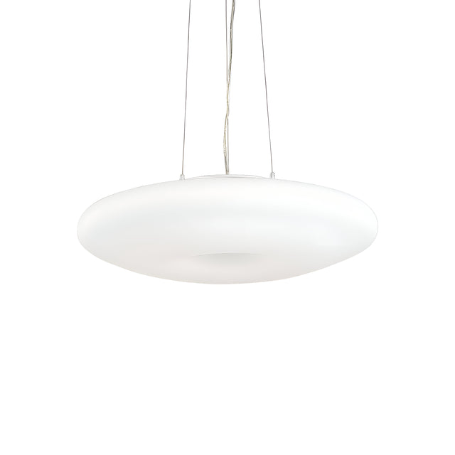 The Hollow 5 Light Pendant in white, measuring 60cm, elegantly hangs from the ceiling by its slender wires against a white background. Its sleek, round shape evokes the image of a flying saucer, seamlessly merging minimalist and contemporary lighting design elements with its white glass diffuser.