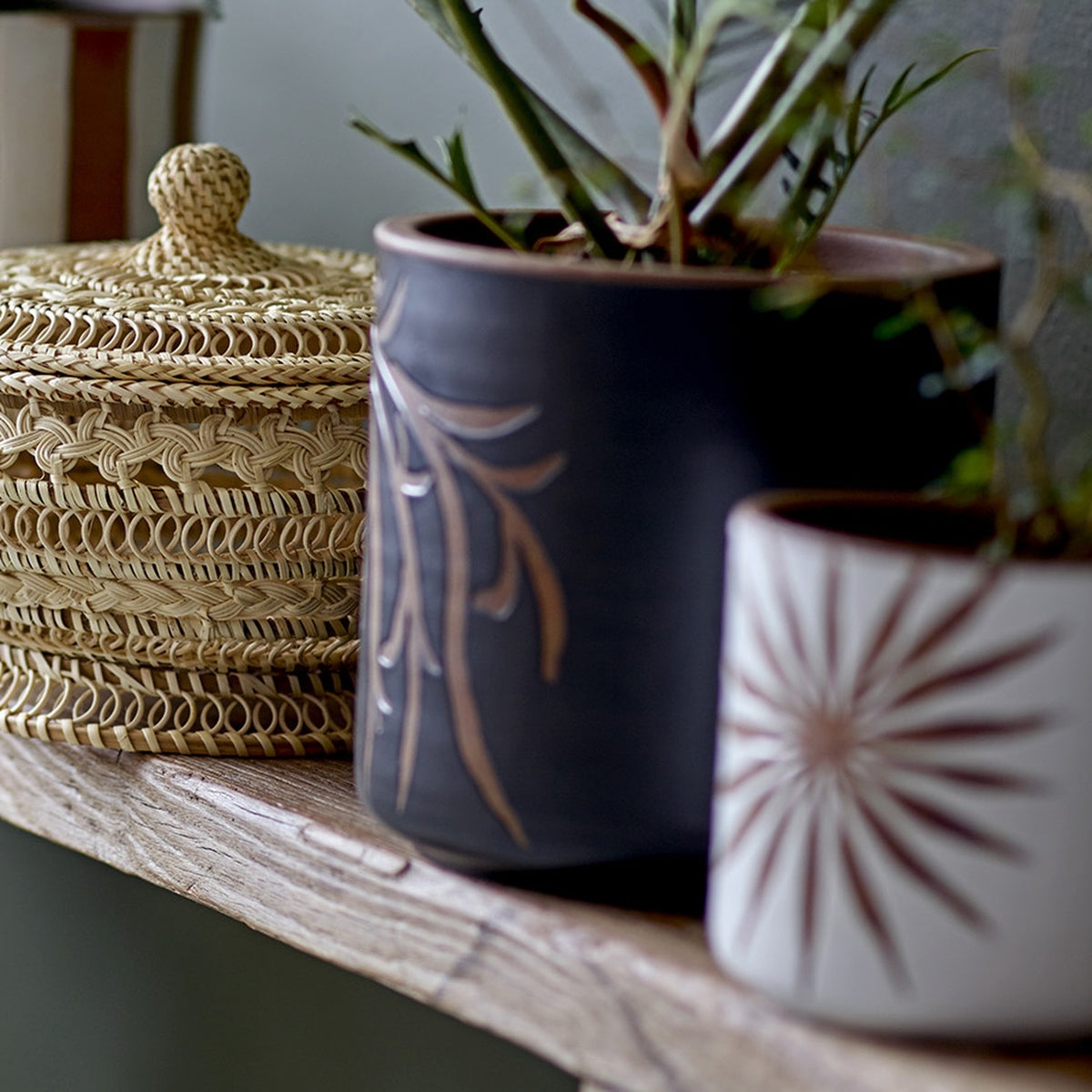 Dres Leaf Terracotta Plant Pot in black with an etched leaf design in natural clay, shown on a wooden shelf beside a woven lidded basket and a sun-patterned planter.