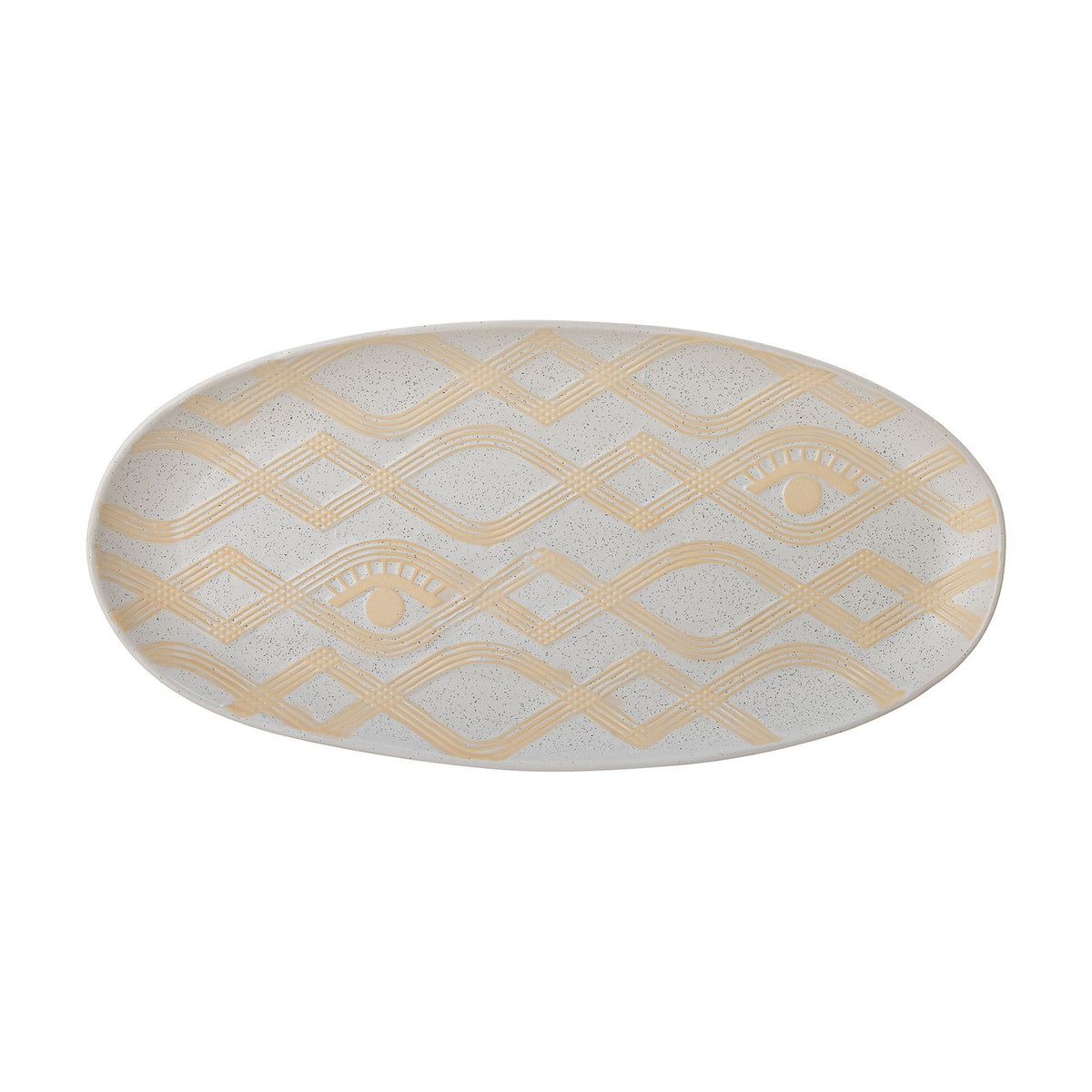 Newa Stoneware Tray in White, an oval ceramic tray with speckled glaze, interlocking wavy-line diamond pattern, two eye motifs, and a low rim, shown on a plain background.
