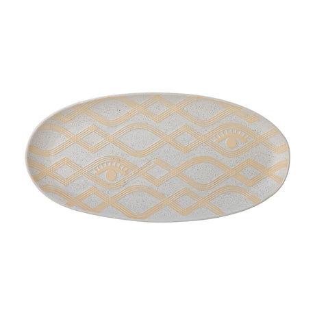 Newa Stoneware Tray in White, an oval ceramic tray with speckled glaze, interlocking wavy-line diamond pattern, two eye motifs, and a low rim, shown on a plain background.