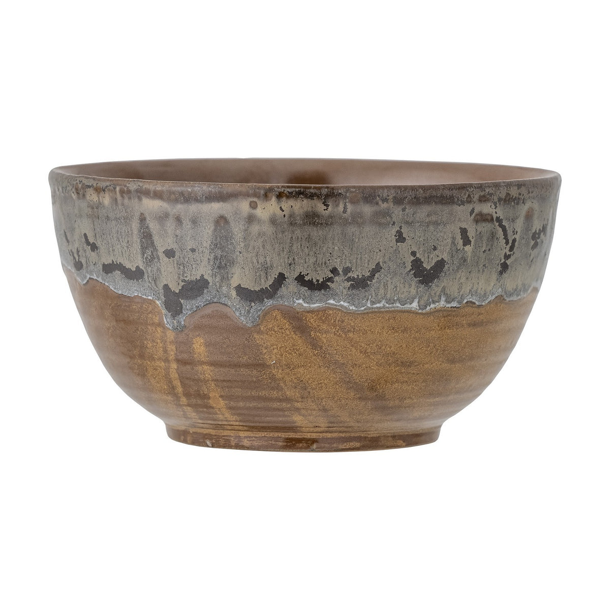 Senna Stoneware Bowl 14cm in brown, round ceramic bowl with a grey drip glaze rim over an earthy brown ridged base, shown on a plain white background.