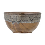 Senna Stoneware Bowl 14cm in brown, round ceramic bowl with a grey drip glaze rim over an earthy brown ridged base, shown on a plain white background.