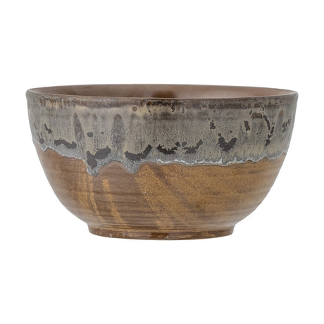 Senna Stoneware Bowl 14cm in brown, round ceramic bowl with a grey drip glaze rim over an earthy brown ridged base, shown on a plain white background.