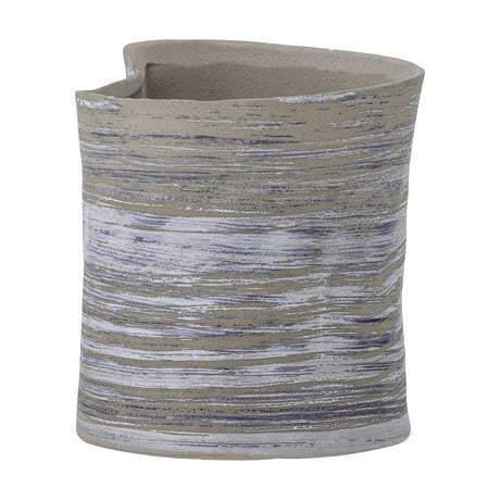 Adelle Stoneware Plant Pot in grey with horizontal streaked texture, a folded seam and pinched, irregular rim, shown against a plain white background.