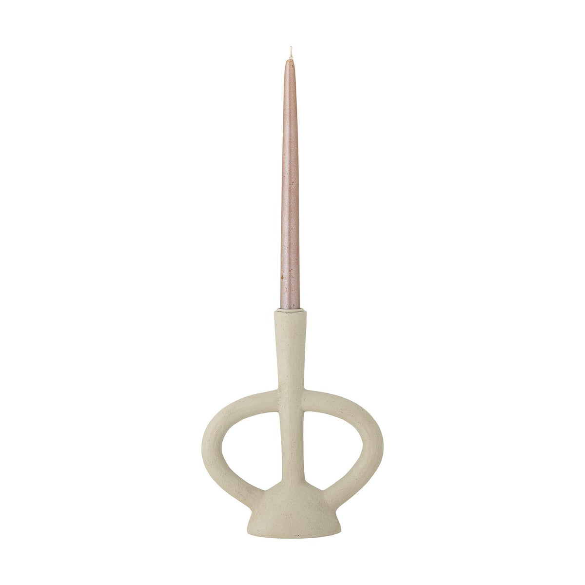 Ramina resin candle holder in beige, with a slender stem, flared foot, and two looped arms, holding a pink taper candle on a plain white background.