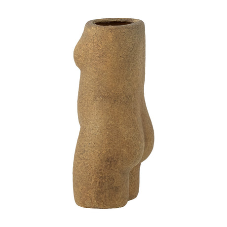 Emeli Terracotta Vase 16cm in Brown, a small bud vase shaped like a woman's torso with a rough-textured finish, shown against a plain white background.