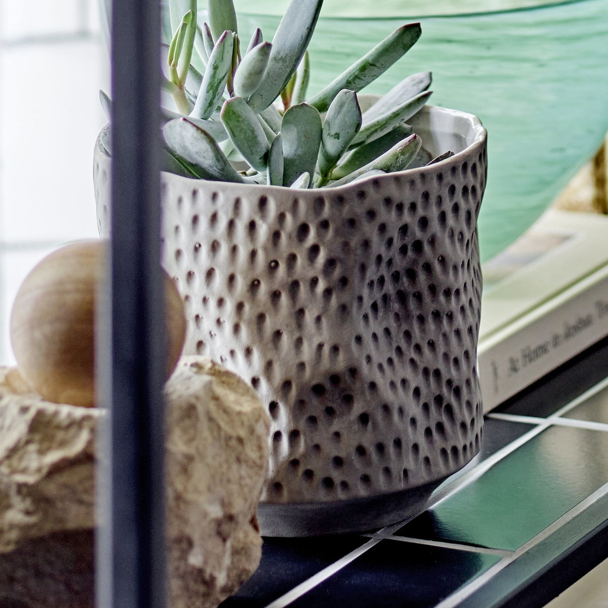 Sayah Stoneware Plant Pot in grey with dimpled texture and narrow foot, holding a succulent on a dark shelf with decorative stones nearby.
