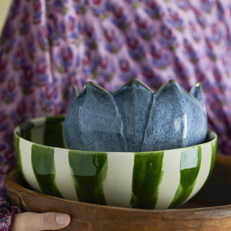 Shakti Striped Stoneware Bowl 26cm - Green