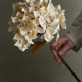 Hand holding the Hydrangea Artificial Stem in beige, showing the full mophead bloom with small florets and a woody-look stem against a neutral background.