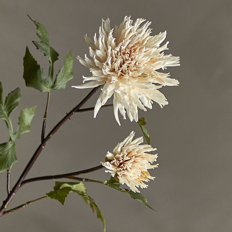 Artificial chrysanthemum stem in cream with one full spiky bloom and one smaller bud, serrated leaves on a branching stem, set against a plain grey background.