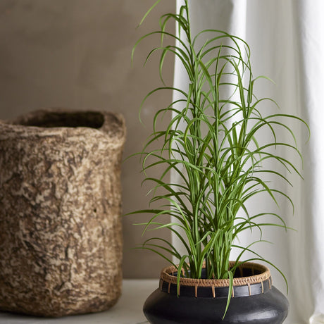 Artificial grass plant with tall, arching green leaves in a black pot with woven rim, displayed beside a textured stone vessel and white curtain.
