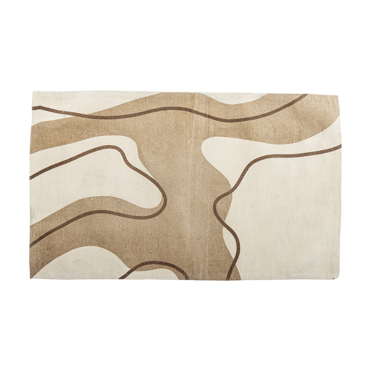 Volano Wavy Cotton Rug 150x90cm in Natural, a woven cotton rug with abstract wavy lines in earthy beige and brown tones, shown on a plain white background.