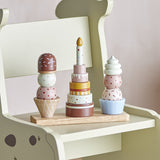 Celebrate 18-Piece Dotted Wooden Activity Toy in multicoloured beech, featuring a stacking ice cream cone, birthday cake with candle, and cupcake tower on a wooden base.