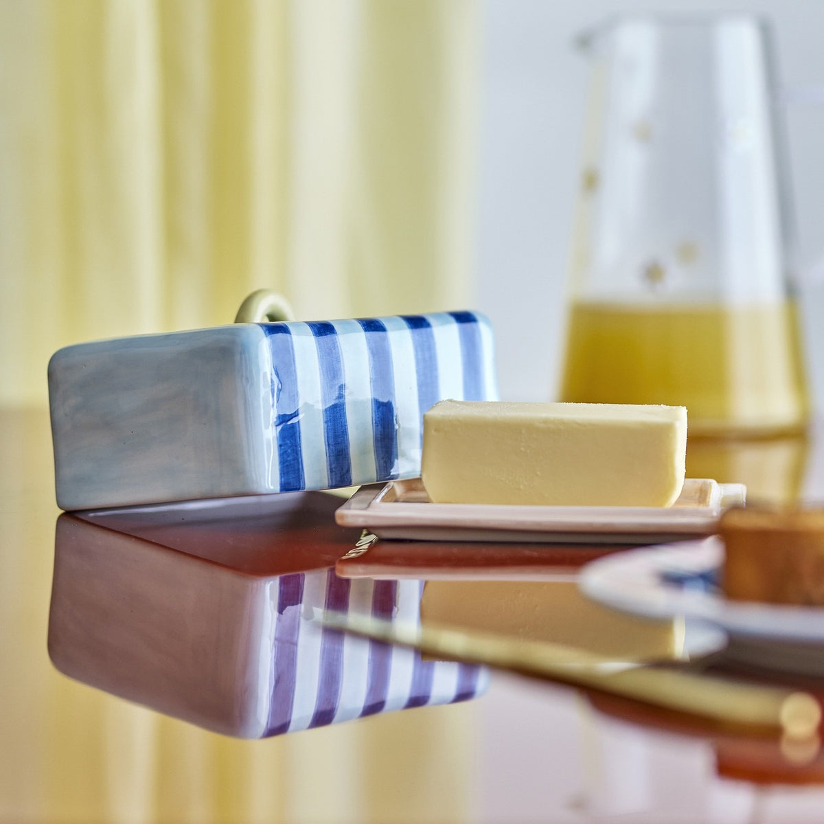 Phoenix Striped Stoneware Butter Dish - Blue