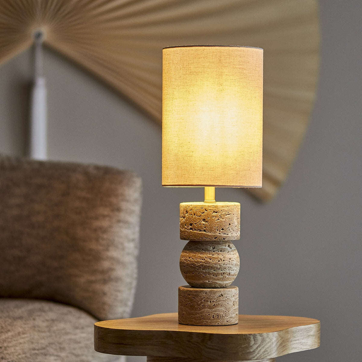 Marci Travertine Table Lamp with Linen Shade - Beige