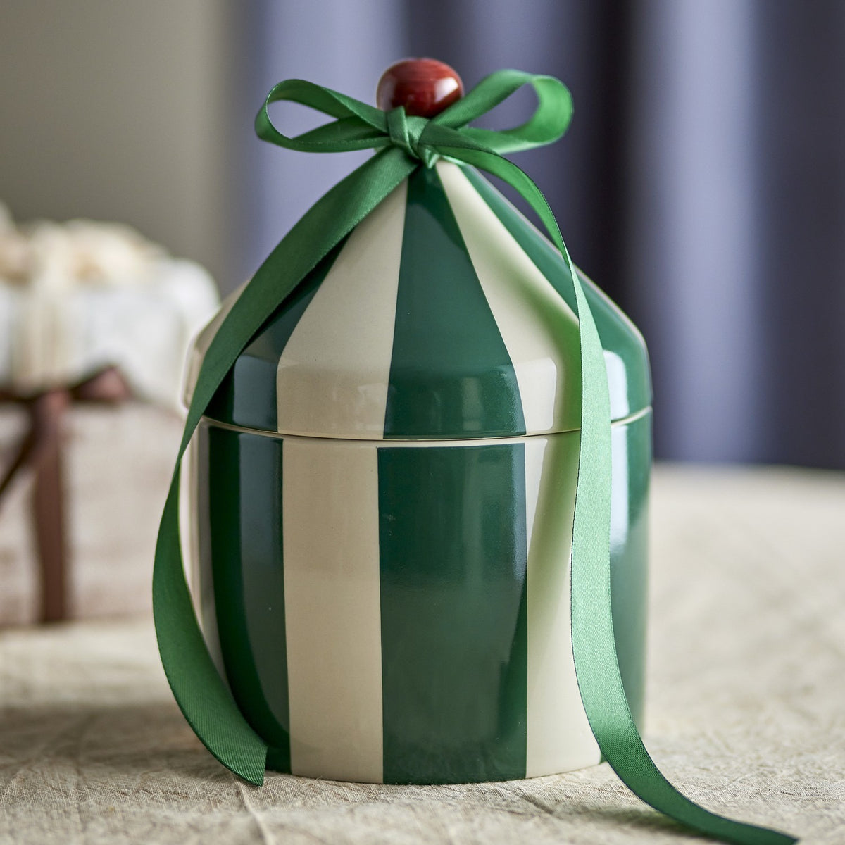 Cimmi Striped Stoneware Storage Jar with Lid 1150ml - Green