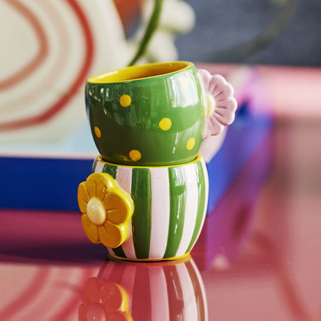 Haisy Green Striped Stoneware Cups 200ml Set of 2 - Multi