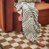 Woodsby Striped Cotton Throw in cream and green wavy-stripe pattern with pink tassels, draped over a burnt orange sofa on a chequered rug.