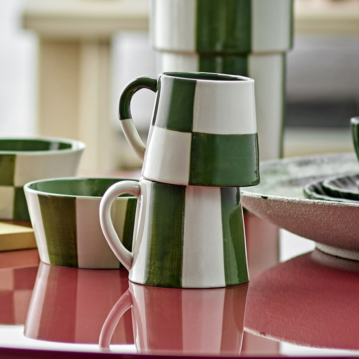 Floki Striped Stoneware Mugs 280ml Set of 4 - Green