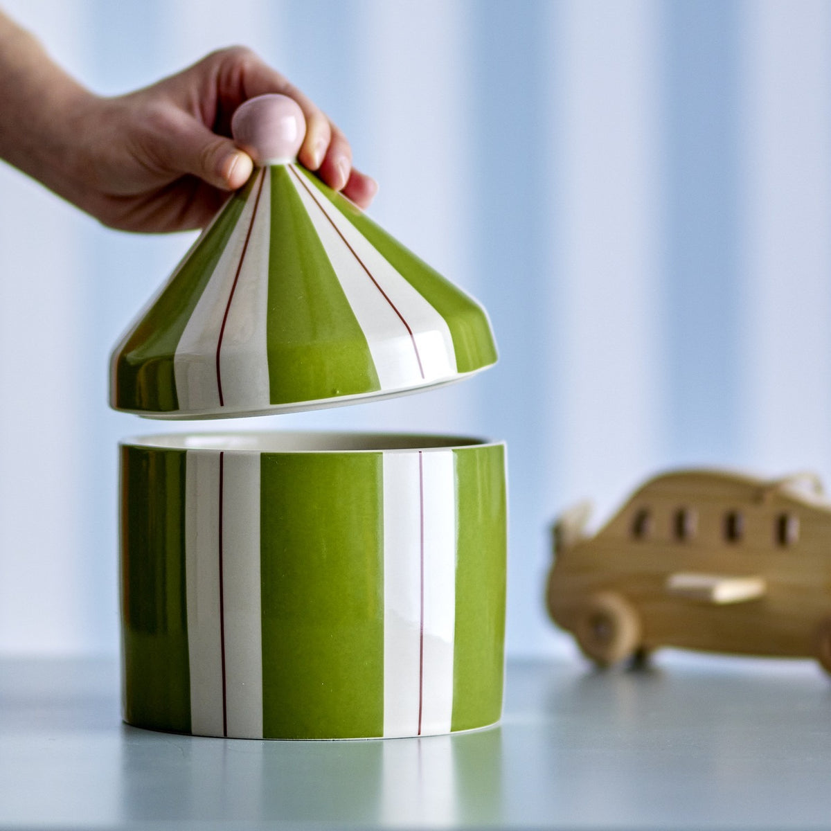 Cimmi Striped Stoneware Storage Jar with Lid - Green