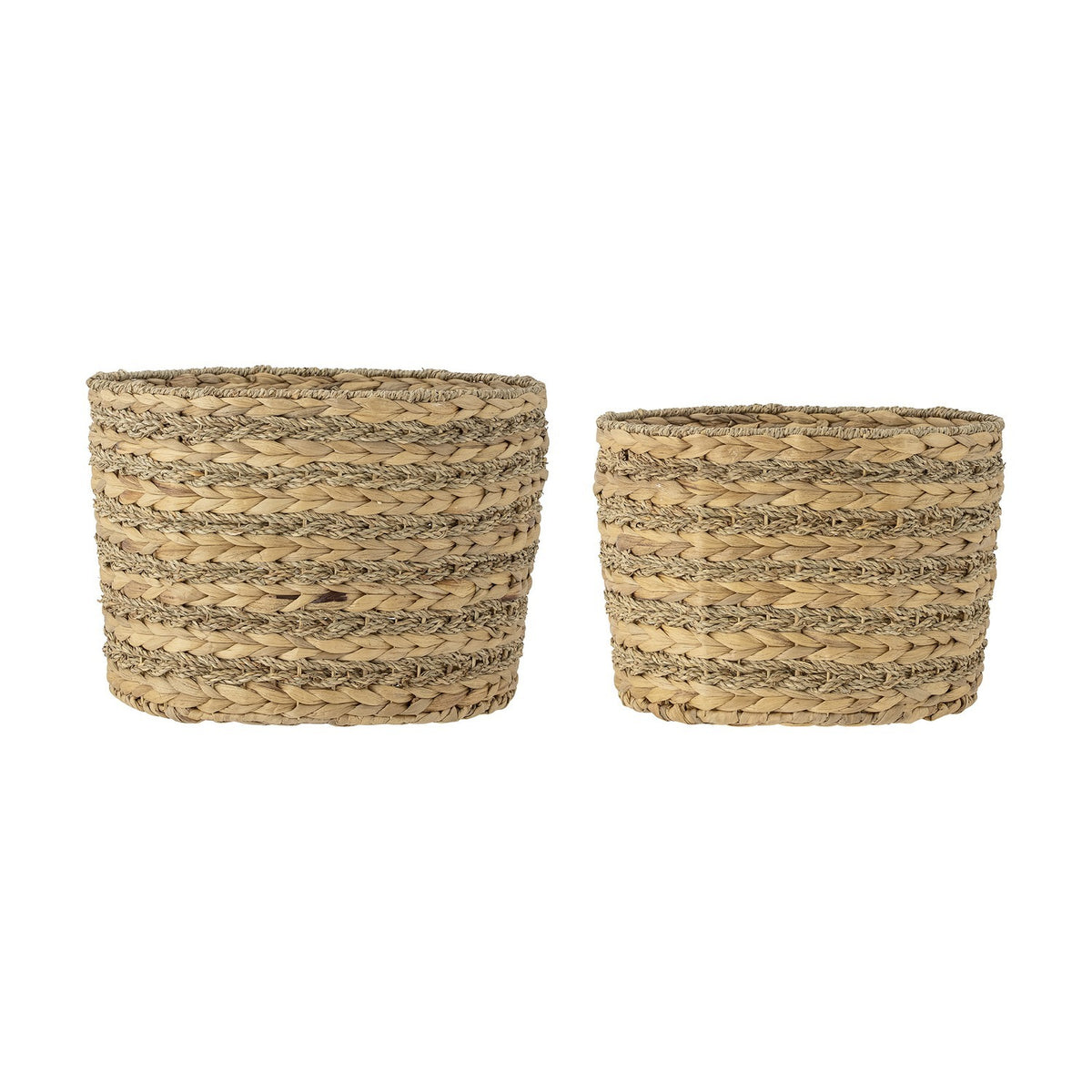 Indra Water Hyacinth Baskets Set of 2 in natural tones, round woven storage baskets with ribbed plaited and twisted bands, shown in two sizes on a white background.