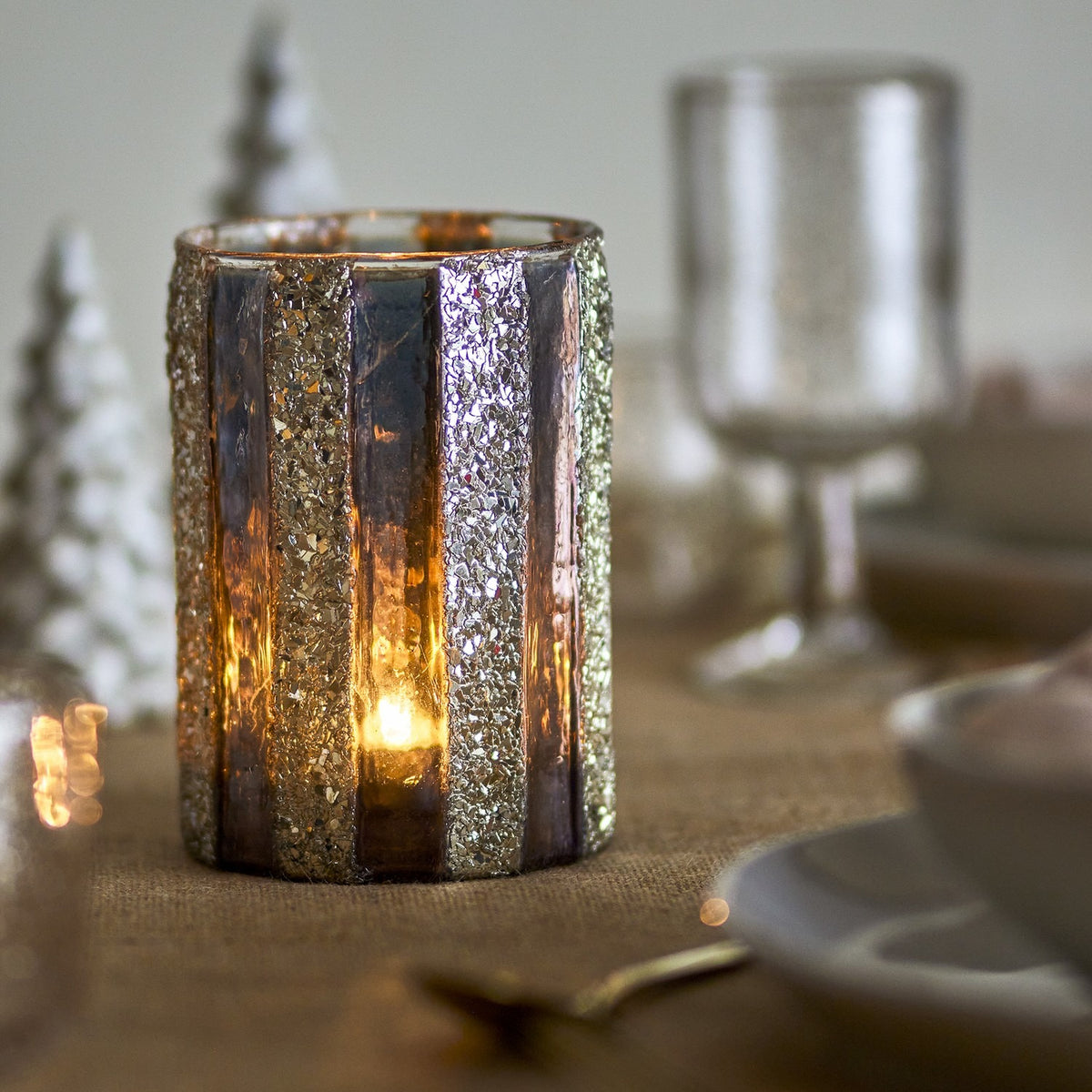 Cicilia Striped Glass Christmas Tealight Holder - Champagne