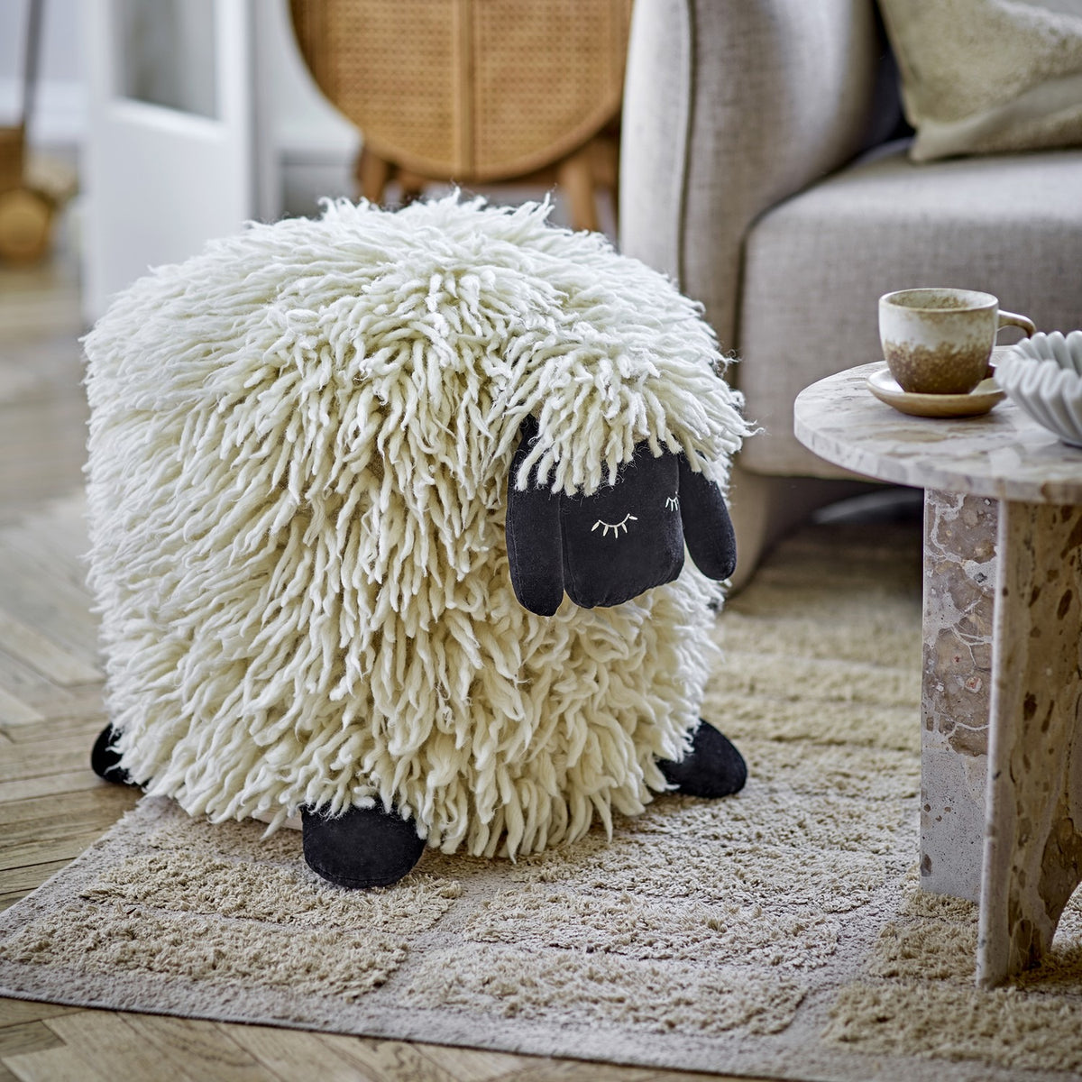 Dolly Sheep Wool Pouffe - Cream