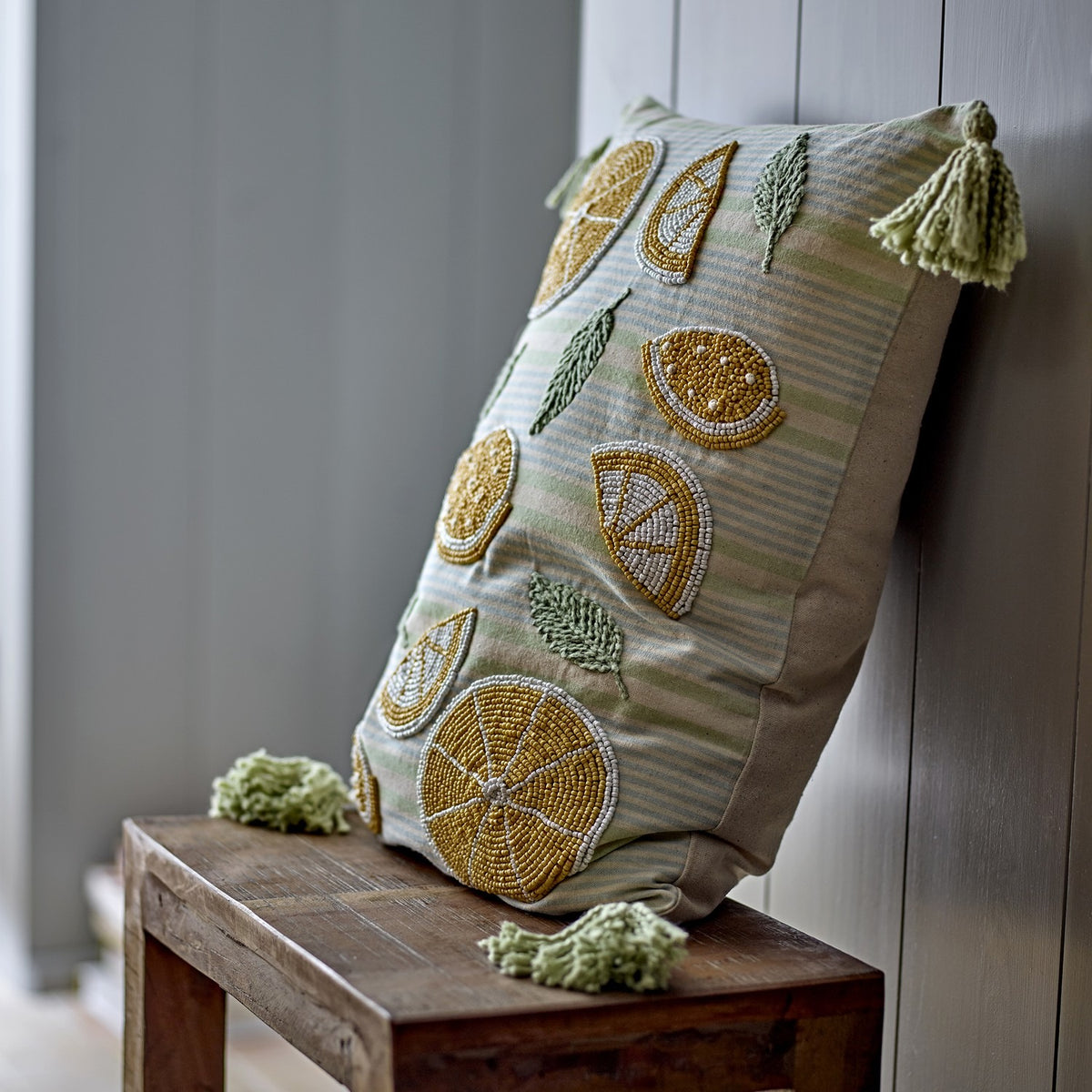 Lemon Striped Cotton Cushion - Yellow