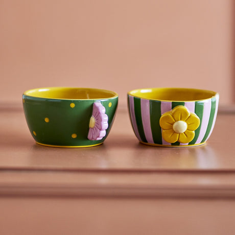 Haisy Green Striped Stoneware Bowls 12cm Set of 2 - Multi