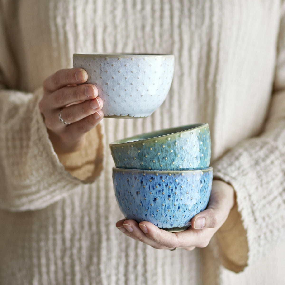 Harriet Dotted Stoneware Bowls 10cm Set of 3 - Blue