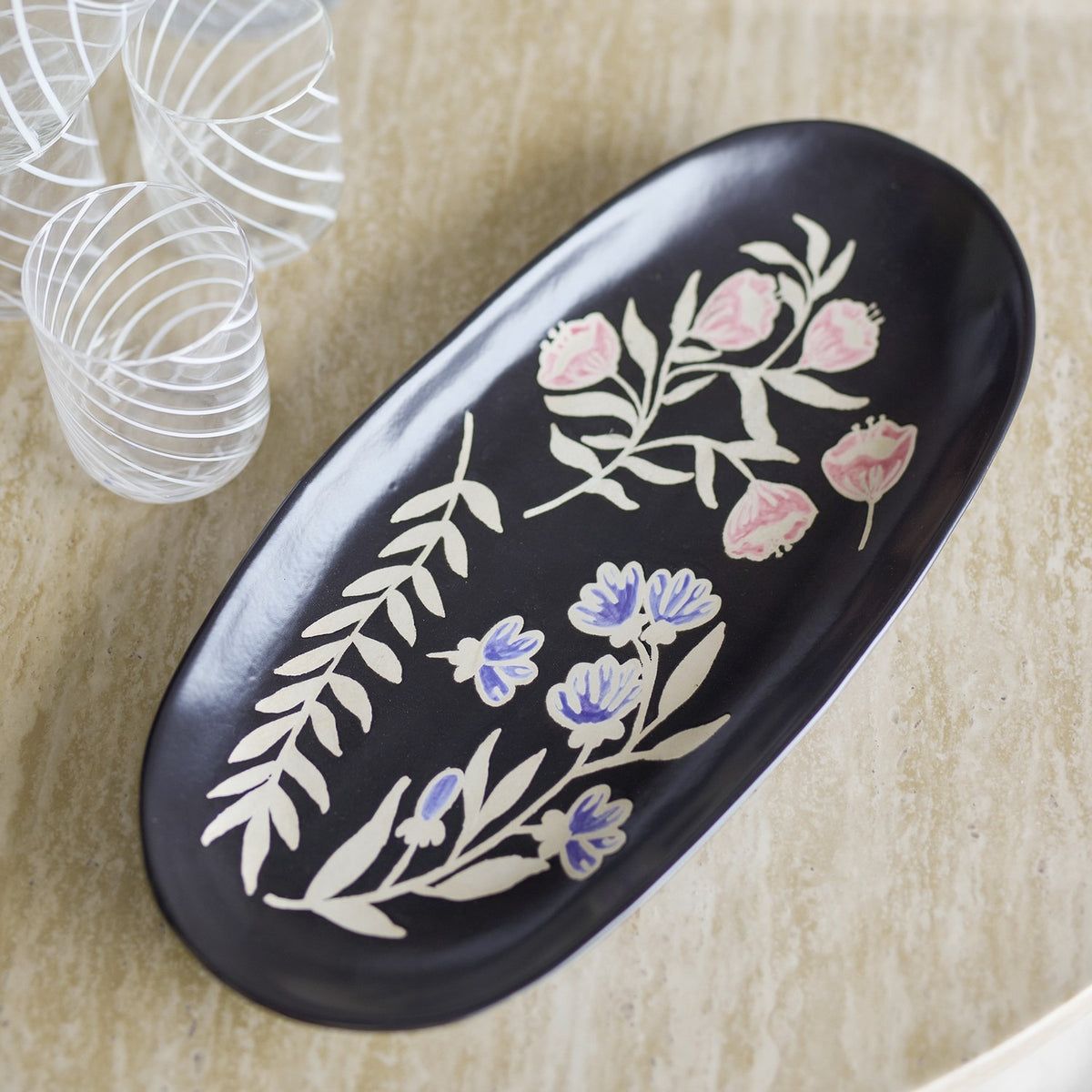 Amberly Floral Stoneware Platter 41x19.5cm - Black