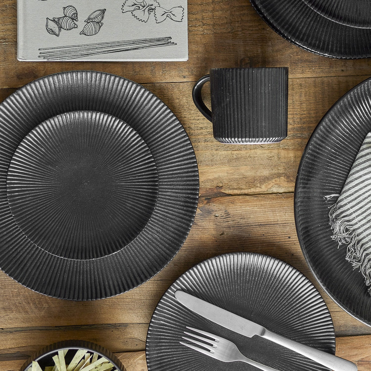 Neri Ribbed Stoneware Dinner Set of 12 - Black