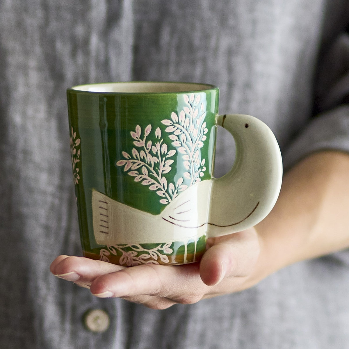 Hezha Floral Stoneware Cup 260ml - Green