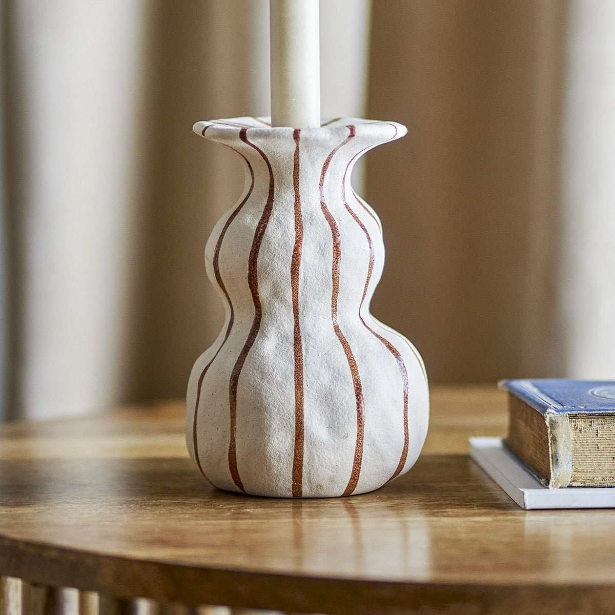 Byron Striped Stoneware Candle Holder - Cream