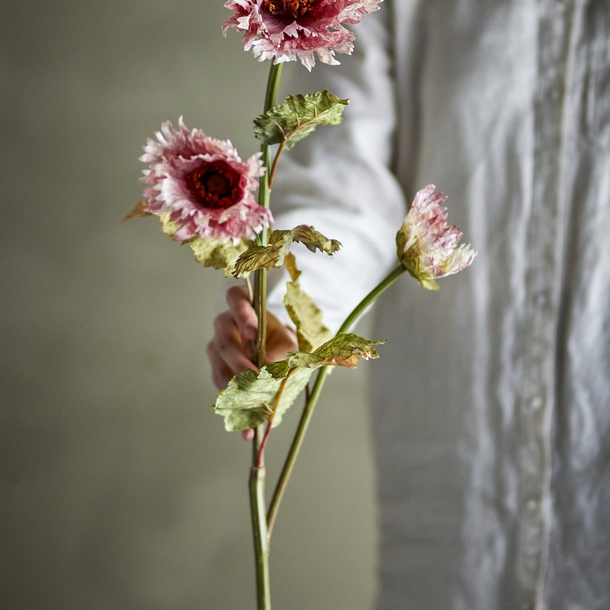 Chrysanthemum Artificial Stem 96cm in pink, held by hand, showing two open frilled blooms and one closed bud with veined leaves along a long bare stem.