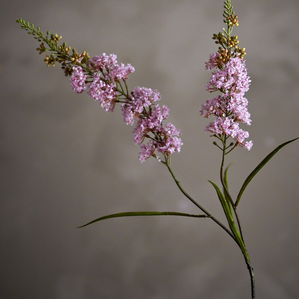 Artificial hydrangea stem, 100cm, with two branching pink floret heads tapering to closed buds, narrow green leaves along the stem, set against a neutral background.