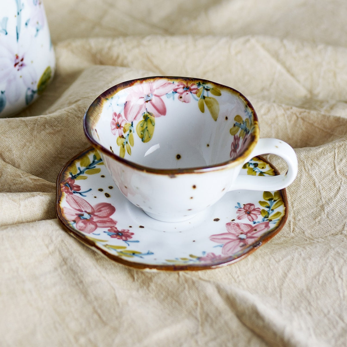 Savina Floral Stoneware Cup & Saucer 219ml Set of 4 - White