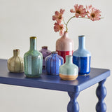 Maien Striped Stoneware Vases, set of 7 small ceramic bottle and rounded vases in cream, green, purple, blue, pink and sage with striped, dotted and two-tone glazes.