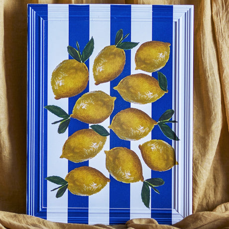 Limone Striped Wooden Framed Print 40x30cm, portrait wall art with illustrated lemons and leaves on blue and white vertical stripes, moulded frame matching the striped design.